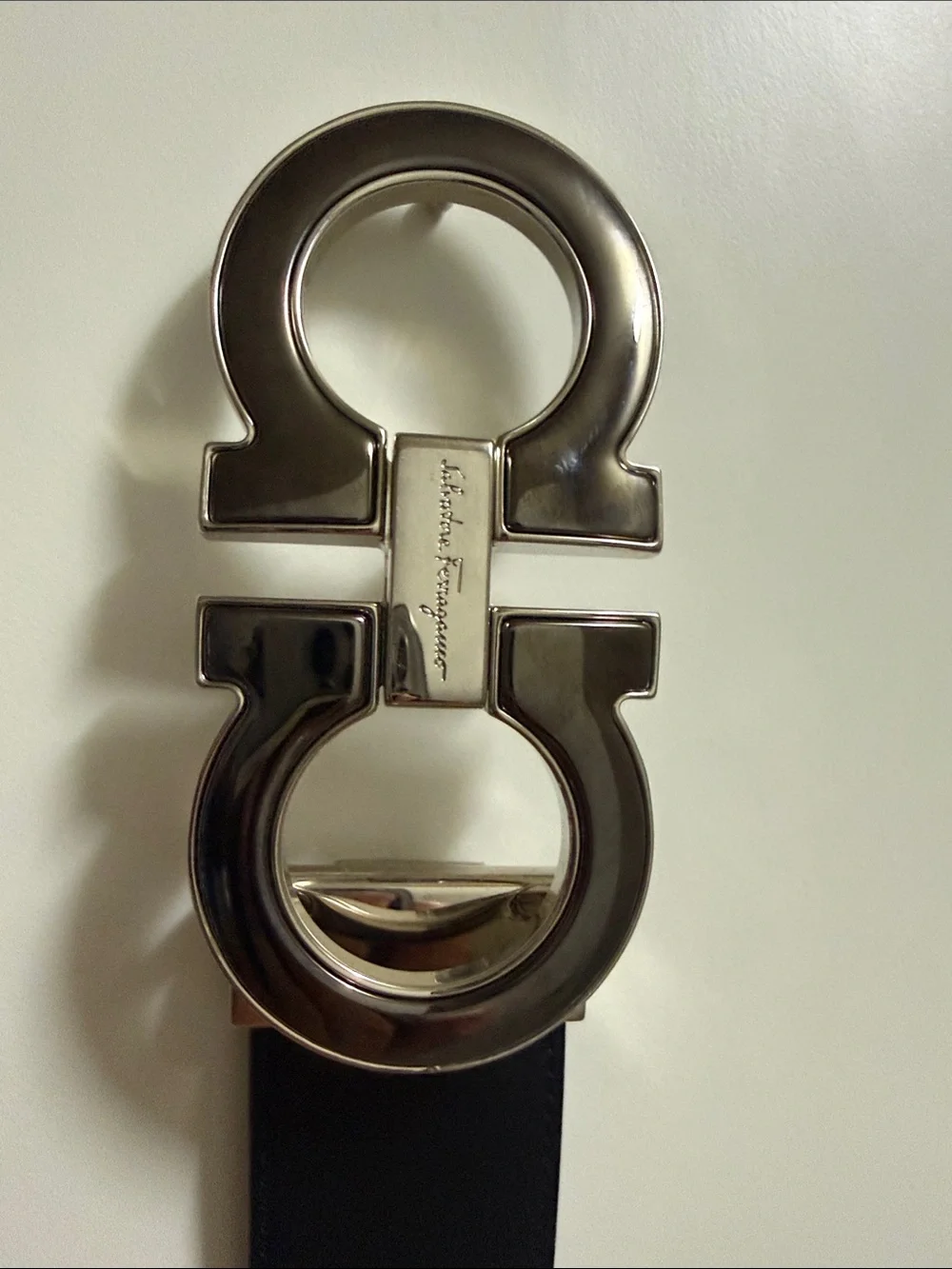 Salvatore Ferragamo Men's Black Leather Belt with Silver Buckle.